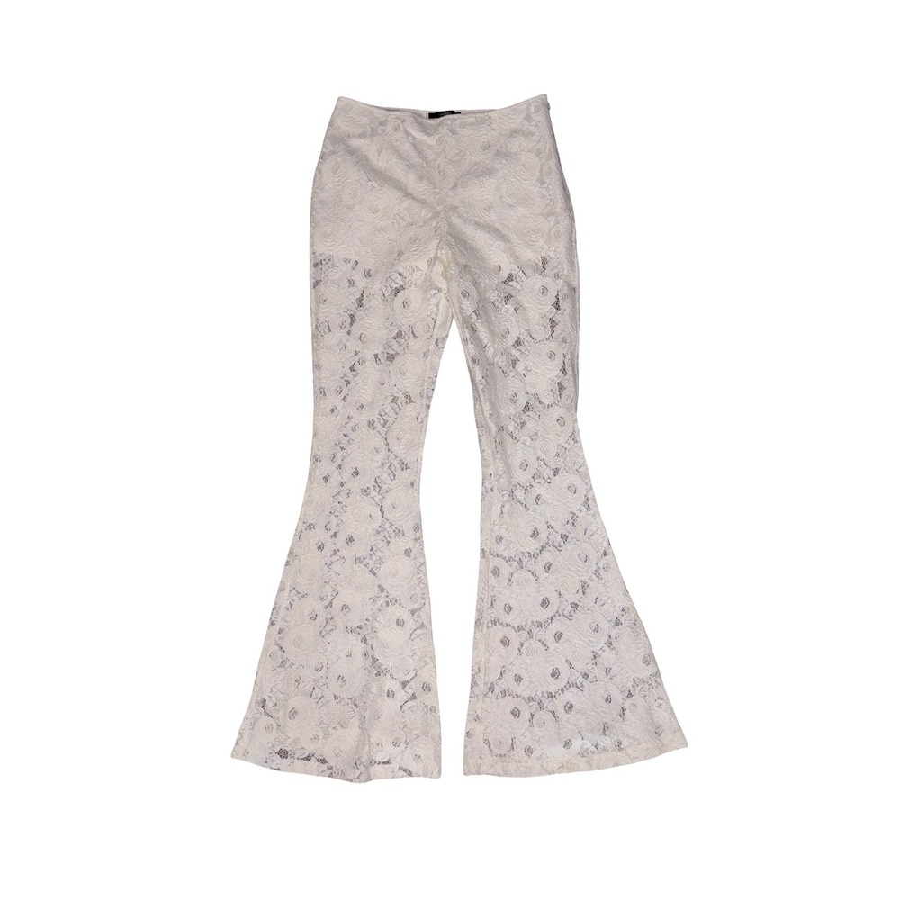 Forever 21 Womens White Floral Lace Flare Bell Bottom Pants Cream Boho‎ Size M